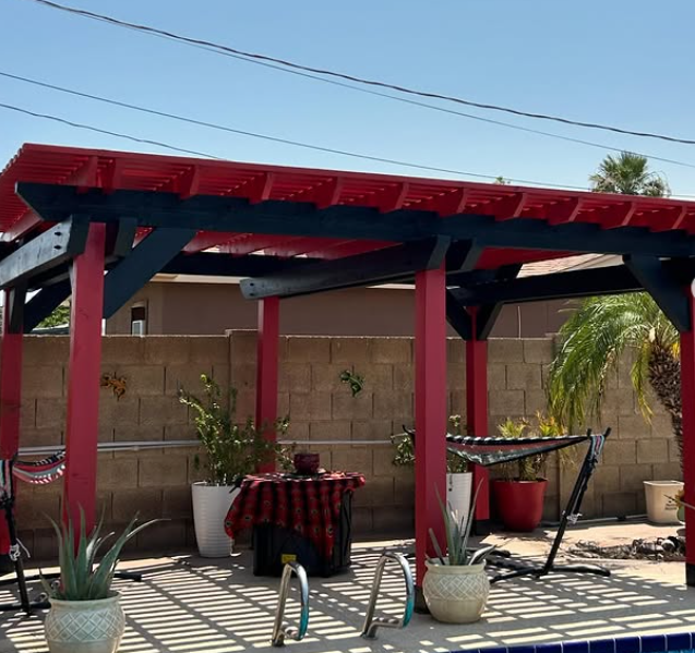 Residential exterior repaint — pergola with accent beams